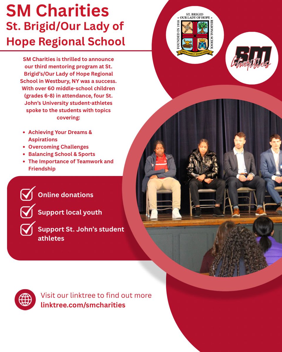 SM Charities just wrapped up our third successful mentoring program at St. Brigid/Our Lady of Hope School.

Over 60 middle schoolers were inspired by St. John’s University student-athletes who spoke about school-life balance and the power of teamwork.

Support SM Charities today!
