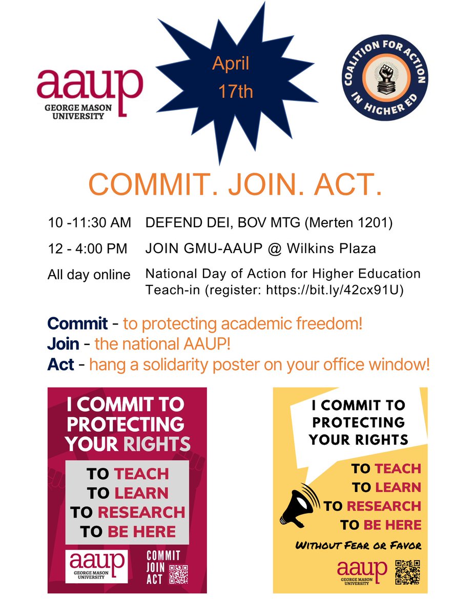 TOMORROW 4/17 - It's time to fight for the values of free inquiry, free speech, equity, and diversity! Tell the BOV that we refuse to go back on our promise to build a more inclusive campus (10am). Then join us on Wilkins Plaza at noon to learn about future actions you can take!