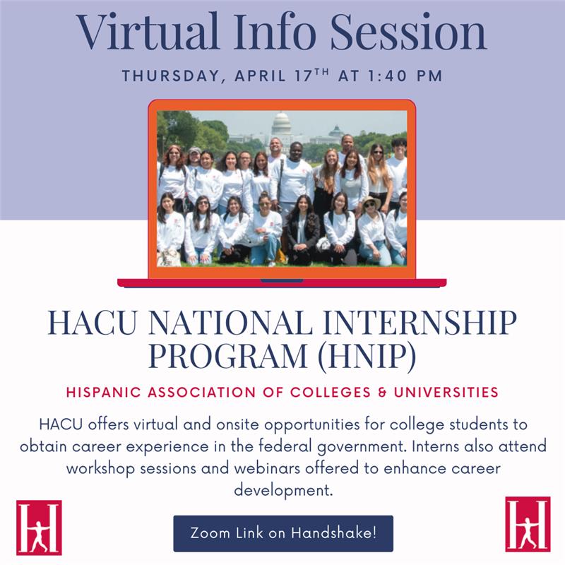SSUCareer's tweet photo. Join HACU tomorrow for a virtual information session!
Link on Handshake! https://t.co/DAP2FadNMZ