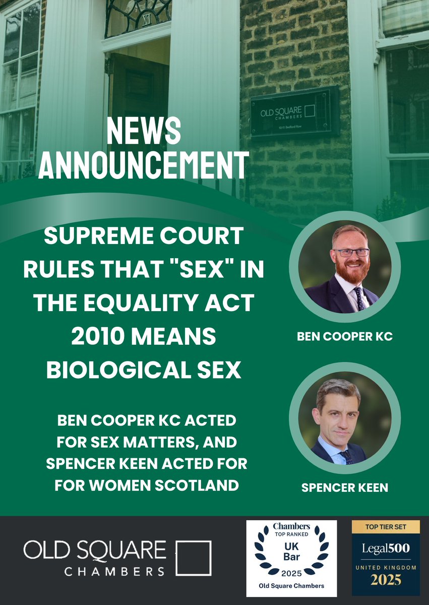 ⚖️ The Supreme Court handed down judgment on For Women Scotland Ltd (Appellant) v The Scottish Ministers.

Spencer Keen acted for the successful appellant.

Ben Cooper KC acted for Sex Matters, one of the interveners in this case.

🔗 To read more: oldsquare.co.uk/supreme-court-…