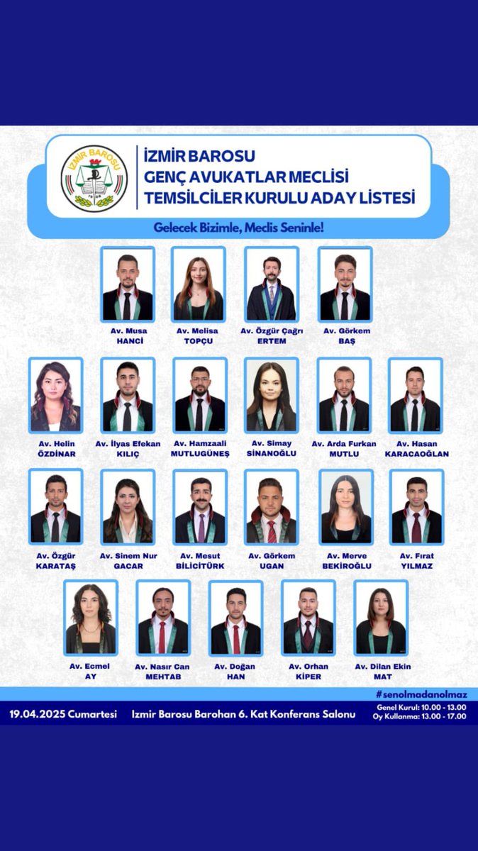 ERTELENEN İZMİR BAROSU GENÇ AVUKATLAR MECLİSİ TEMSİLCİLER KURULU SEÇİMLERİ 19.04.2025 TARİHİNDE YAPILACAKTIR!

İzmir Barosu Genç Avukatlar Meclisi Temsilciler Kurulu seçimlerinde aday olma iradesini ve cesaretini gösteren meslektaşlarımıza başarılar dileriz.