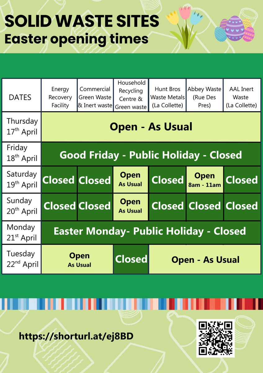 Solid Waste Sites ♻️  - Easter Opening times 🐰 

For More Info - shorturl.at/ej8BD 

Or scan the QR code