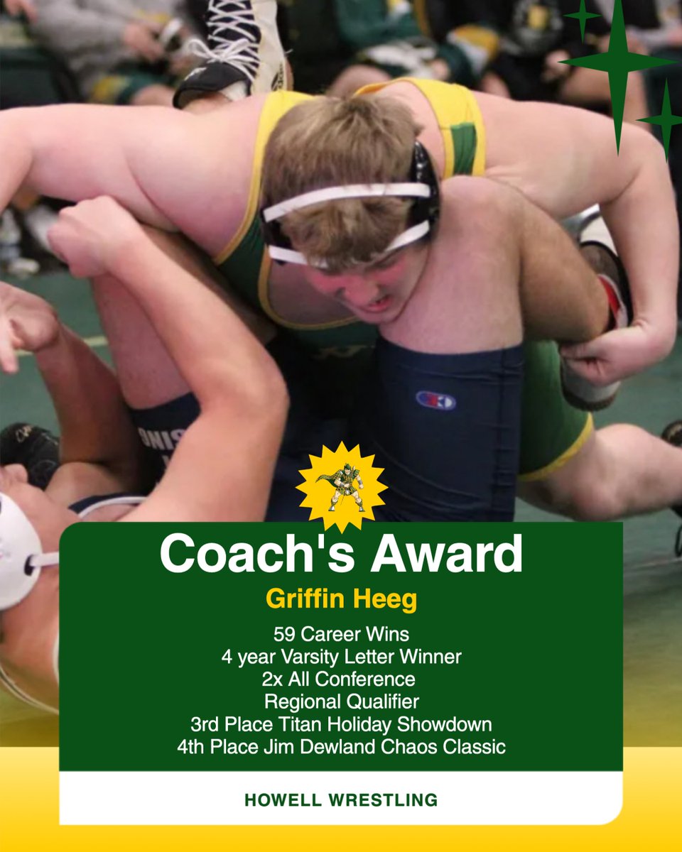 Celebrating our Coach's Award recipients for the season. Griffin was a consistent presence in the upper weights for Howell for the past 4 years. During his time he earned All Conference twice and was a Regional Qualifier this past season.