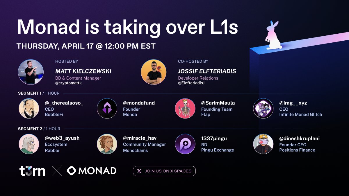 t3rn_io's tweet photo. Monad is taking over L1s

Set your reminders 🔔
https://t.co/N3Gw84Ie4Q

Segment 1:
@_therealsoso_ CEO @Bubblefi_xyz
@mondafund Founder
@SarimMaula founding team @flapdotsh
@Img__xyz CEO

Segment 2 (second hour):
@web3_ayush Ecosystem @0xRabble
@miracle_hav Communty Manager @monochams
1337pingu BD @PinguExchange
@dineshkruplani Founder, CEO @PositionsFi

See you there!