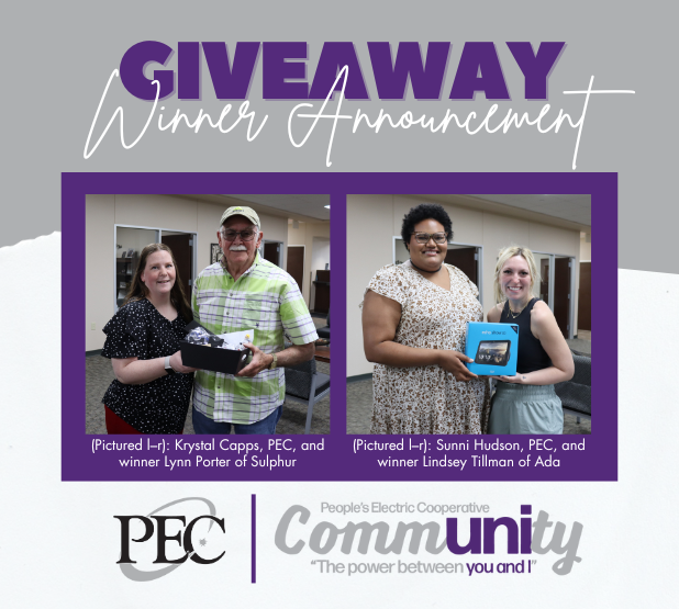 PEC_Oklahoma's tweet image. 🎉 Congrats to our March 'Community' Giveaway winners: Lynn Porter from Sulphur &amp;amp; Lindsey Tillman from Ada! 🌟 Join PEC's Paperless program this month for a chance to win our June 1 giveaway! #PEC #CommunityGiveaway #GoPaperless #PoweringOurCommunities