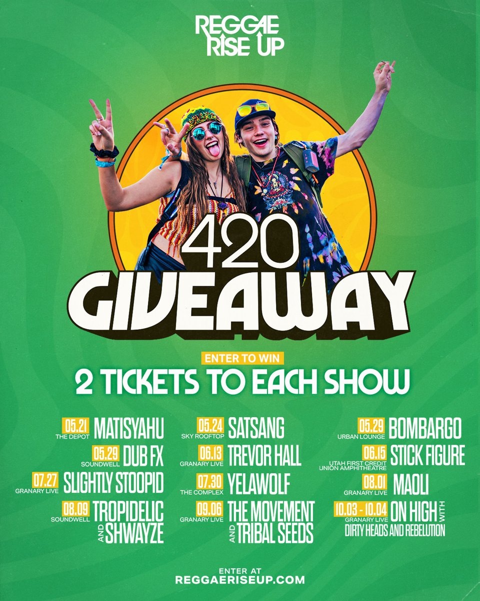 SoundwellSLC's tweet photo. ENTER TO WINβΌοΈ420 GIVEAWAY!
@lnepresents & @ReggaeRiseUp are giving away tickets to select shows at Soundwell, @SkyVenueSLC, @granarylive & MORE!
Tap To Enter: https://t.co/Eu54vh2sVM
GOOD LUCKπ₯
#LNE #ReggaeRiseUp #SoundwellSLC https://t.co/fv0Uc4KFXZ