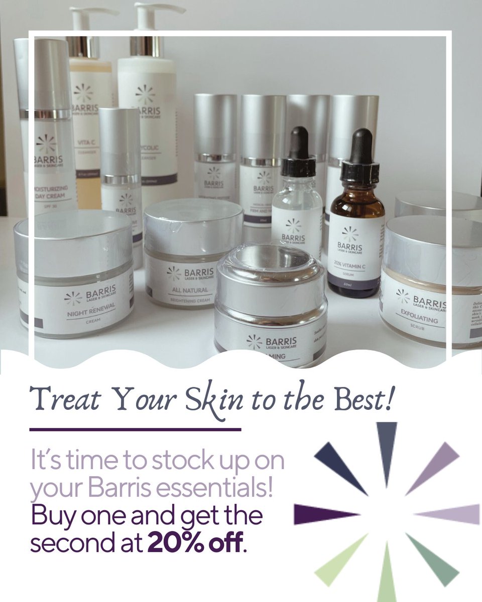 barrislaser's tweet image. It’s time to stock up on your Barris essentials! Buy one and get the second at 20% off. Treat your skin to the best.
#barrislaser // #BoulderMedSpa #BoulderSpa #BoulderLocal #skincare #boulder, #BarrisBeauty #ProductSpecial #SkinCareEssentials