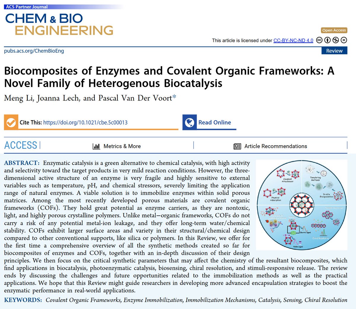 In a brand new journal by <a href="/ACSPublications/">ACS Publications</a> #chem&amp;bio engineering, we published a comprehensive review on #enzymes in <a href="/COF/">こふ</a> for biocatalysis. Read it here in #open_access: pubs.acs.org/doi/10.1021/cb…. Congrats to Meng Li for the huge effort!