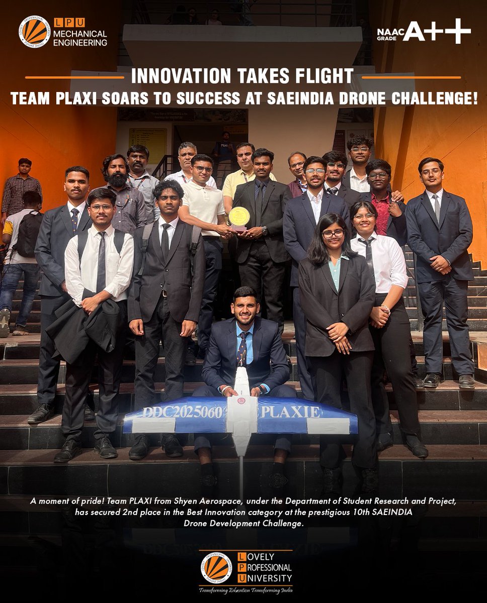 LPUMechanical's tweet image. Innovation in the Air – Team PLAXI Shines Bright!
#LPUSME #SAEINDIA2025 #DroneInnovation #TeamPLAXI #AerospaceEngineering #EngineeringSuccess #LPUPride #FromLabToSky #InnovationTakesFlight #TransformingEducation
