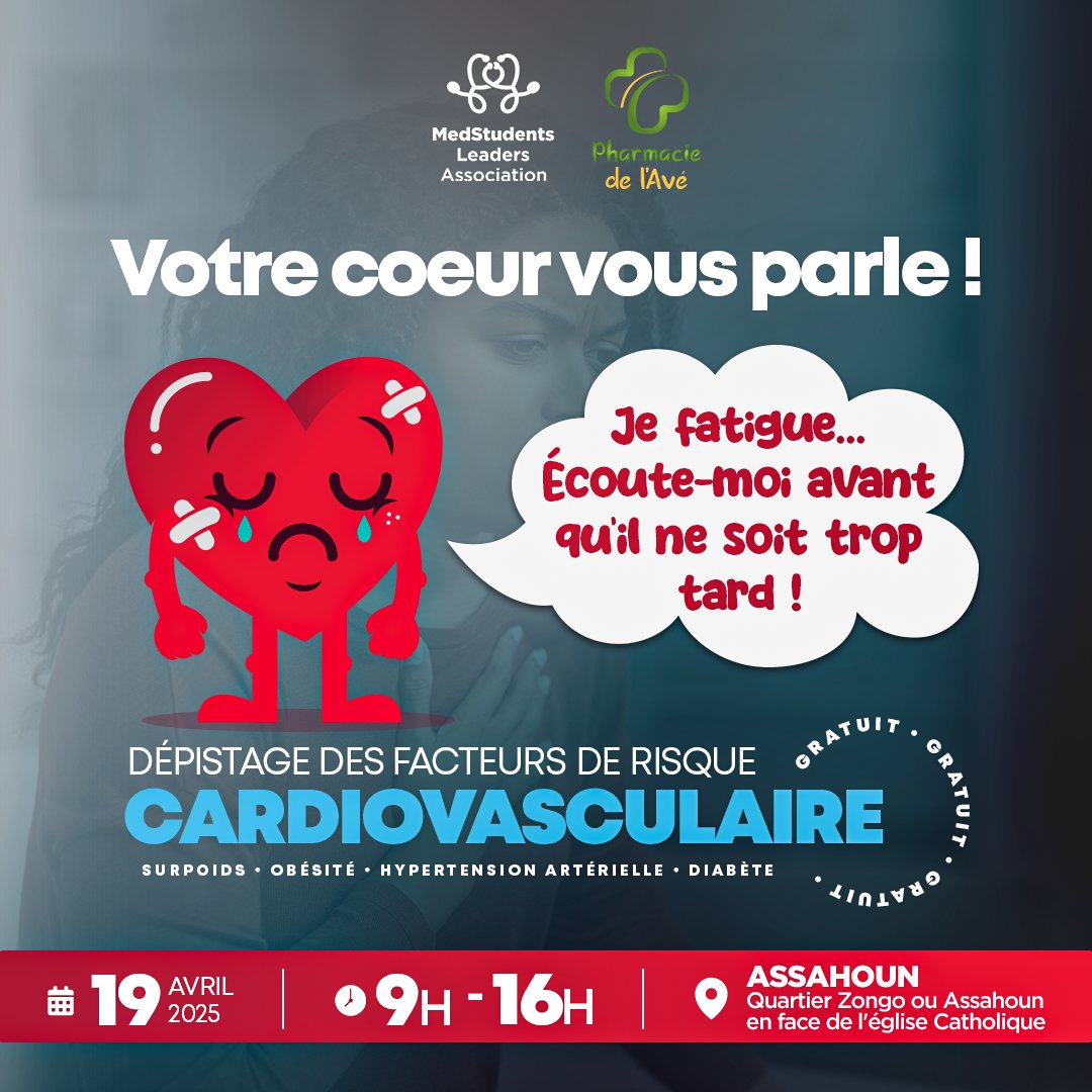 🫀 Ton cœur a un truc à te dire :
 "Je fatigue… Écoute-moi avant qu’il ne soit trop tard !"

Le 19 avril à Assahoun, rejoins-nous pour un dépistage gratuit des risques cardiovasculaires (obésité, hypertension, diabète...). de 9 h à 16h.

#PréventionSanté #DépistageGratuit
