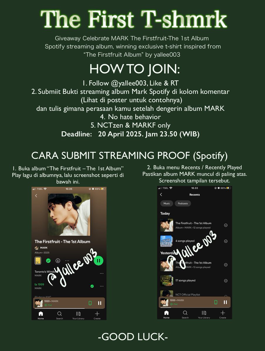 🥳 Giveaway The 1st MARK  SOLO ALBUM Ⓜ️🍏🫑

Untuk ngerayain debut solo Mark🥳, aku mau bagi-bagi kaos eksklusif Inspired by MARK ‘The Firstfruit.

How to join???
Baca lengkap poster dan threads di bawah ya teman2
✨Good luck✨