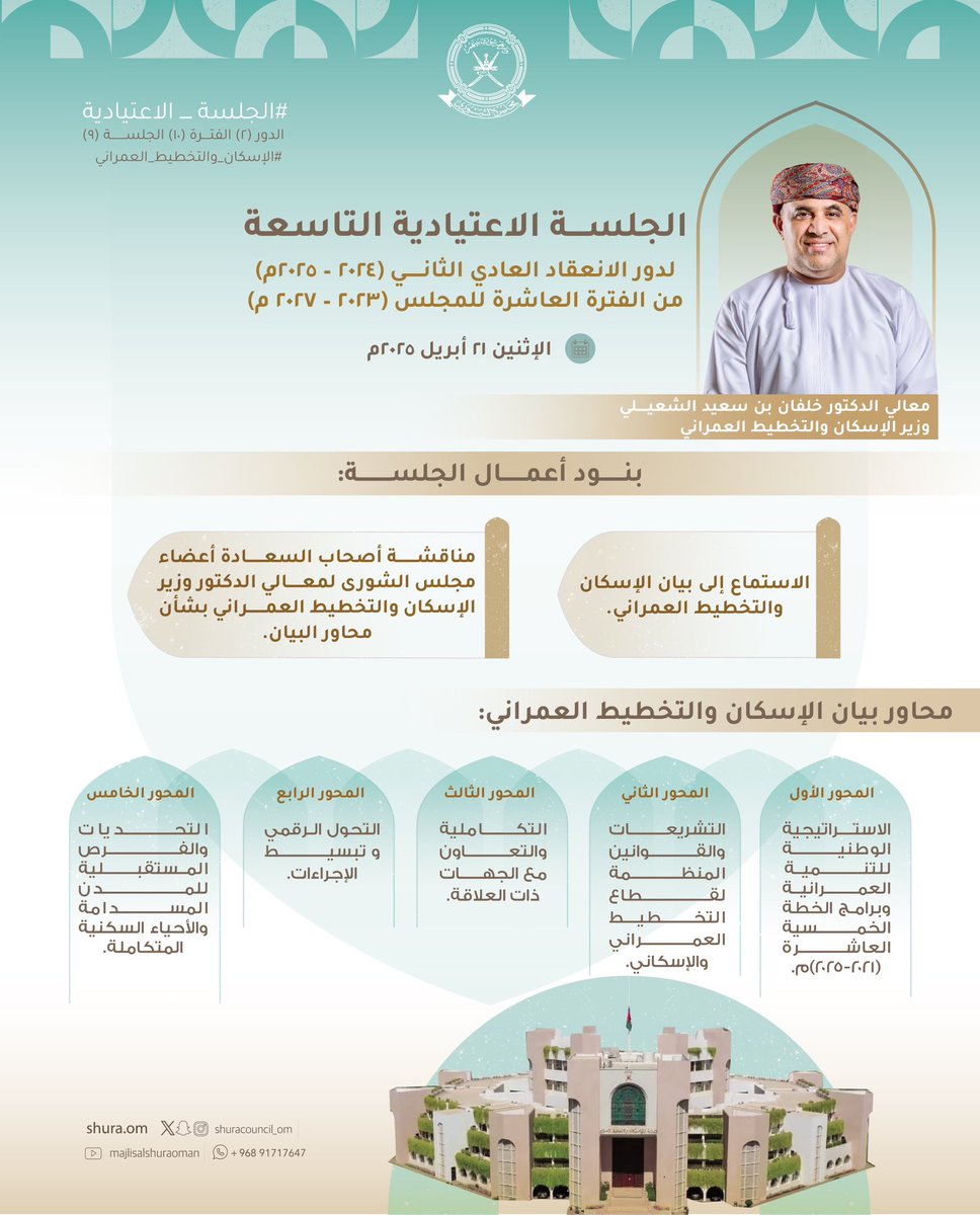 بإذن الله تعالى سوف يكون لنا المداخلة لمناقشة معالي د. وزير الإسكان والتخطيط العمراني في الجلسة الإعتيادية التاسعة لمجلس الشورى يوم الأثنين الموافق 21 ابريل 2025.
نتشرف بمقترحاتكم وملاحظاتكم