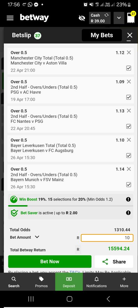 I just placed a bet with Betway. Tap here to copy my bet or search for this booking code in the Multi Bet betslip X97372087 betway.co.za/bookabet/X9737…