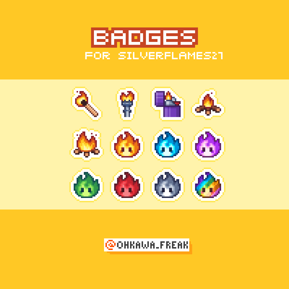 Ohkawa_freak's tweet photo. Badges for Silver Flame 🔥
#pixelart #pixelartworks #pixelartist #pixelbadges #badges #badgedesign #twitchdesign #twitchartist #twitch #stream #streaming #ドット絵 #cute #insignias #subs #bit #emblemas #commission https://t.co/M8sr9KWIRu