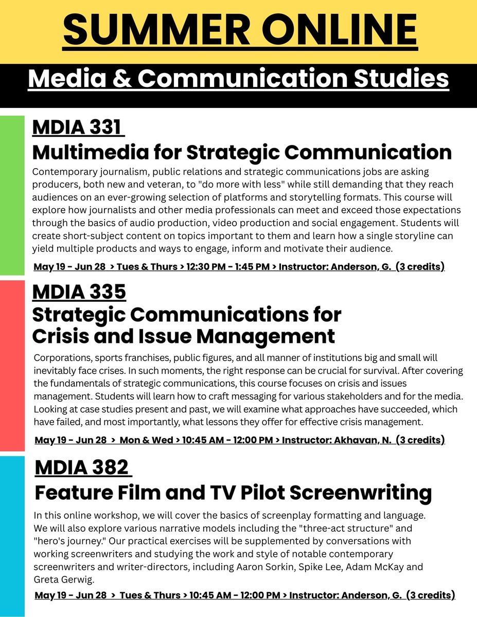 Check out the great summer courses being offered by Media &amp; Communication Studies! @cuaartsandsciences