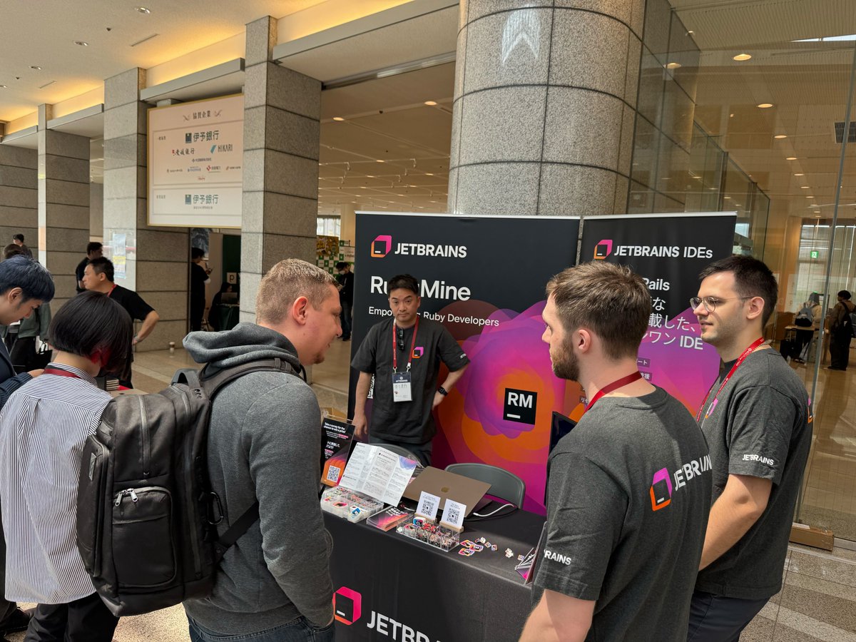 rubymine's tweet image. What a fantastic first day at #RubyKaigi 2025!
The energy, the talks, the hallway chats – pure Ruby magic 💎
Huge thanks to everyone who stopped by the RubyMine booth! We loved hearing your stories, feature wishes and feedback.
Day 2, we’re ready for you!
#RubyMine #RubyKaigi2025