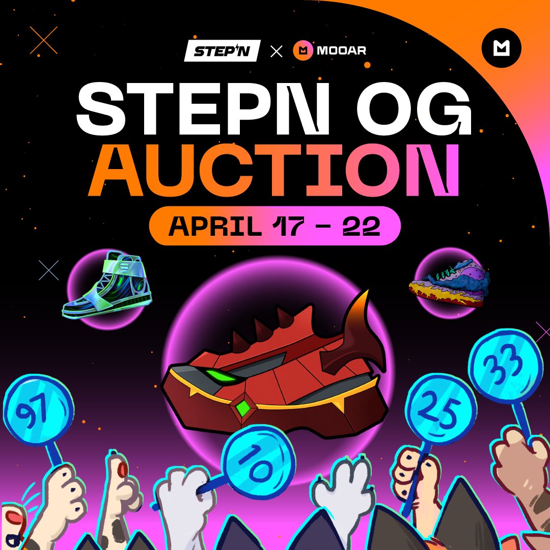 mooarofficial's tweet photo. 🎩 STEPN OG Sneaker Auctions are coming to MOOAR!

We bought 12 @Stepnofficial OG Sneakers featuring beloved skins from your favorite events and co-branded releases, and now it’s your chance to get one. 👟 

📅 From April 17th to April 22nd, we’ll be launching new auctions daily. Each auction runs for 7 days, giving you plenty of time to place bids and earn GMT.

✅ Head to the Auction tab on MOOAR
✅ Browse STEPN OG Sneaker auctions
✅ Bid with GMT
✅ Earn GMT rewards even if you don’t win

Start collecting, start earning. 
https://t.co/2v34UtTfNT