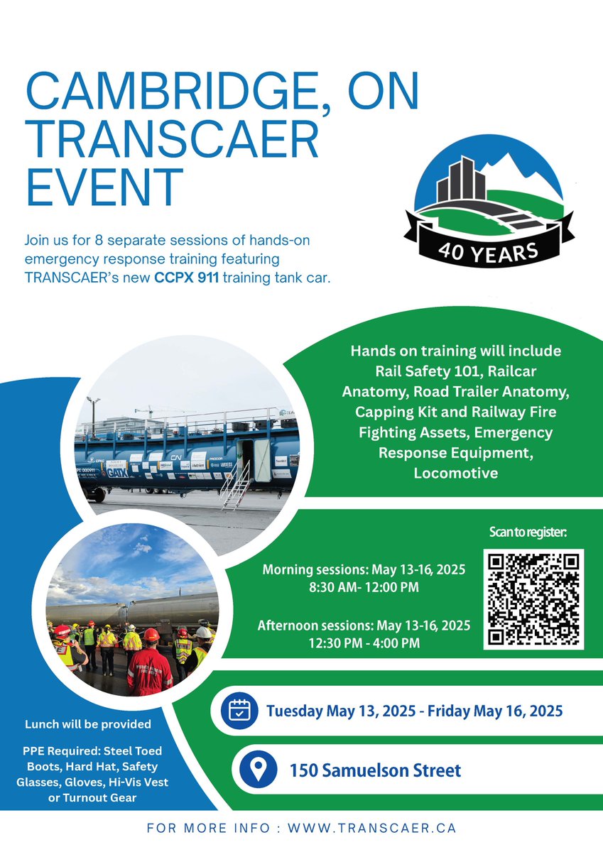 Join us May 13–16 in Cambridge, ON for hands-on learning with TRANSCAER’s new CCPX 911 tank car!
 Location: 150 Samuelson St 
Time:  
AM Session: 8:30 AM-12:00 PM  
PM Session: 12:30 PM-4:00 PM  

Register here: transcaer.canadianchemistry.ca/upcoming-trans…