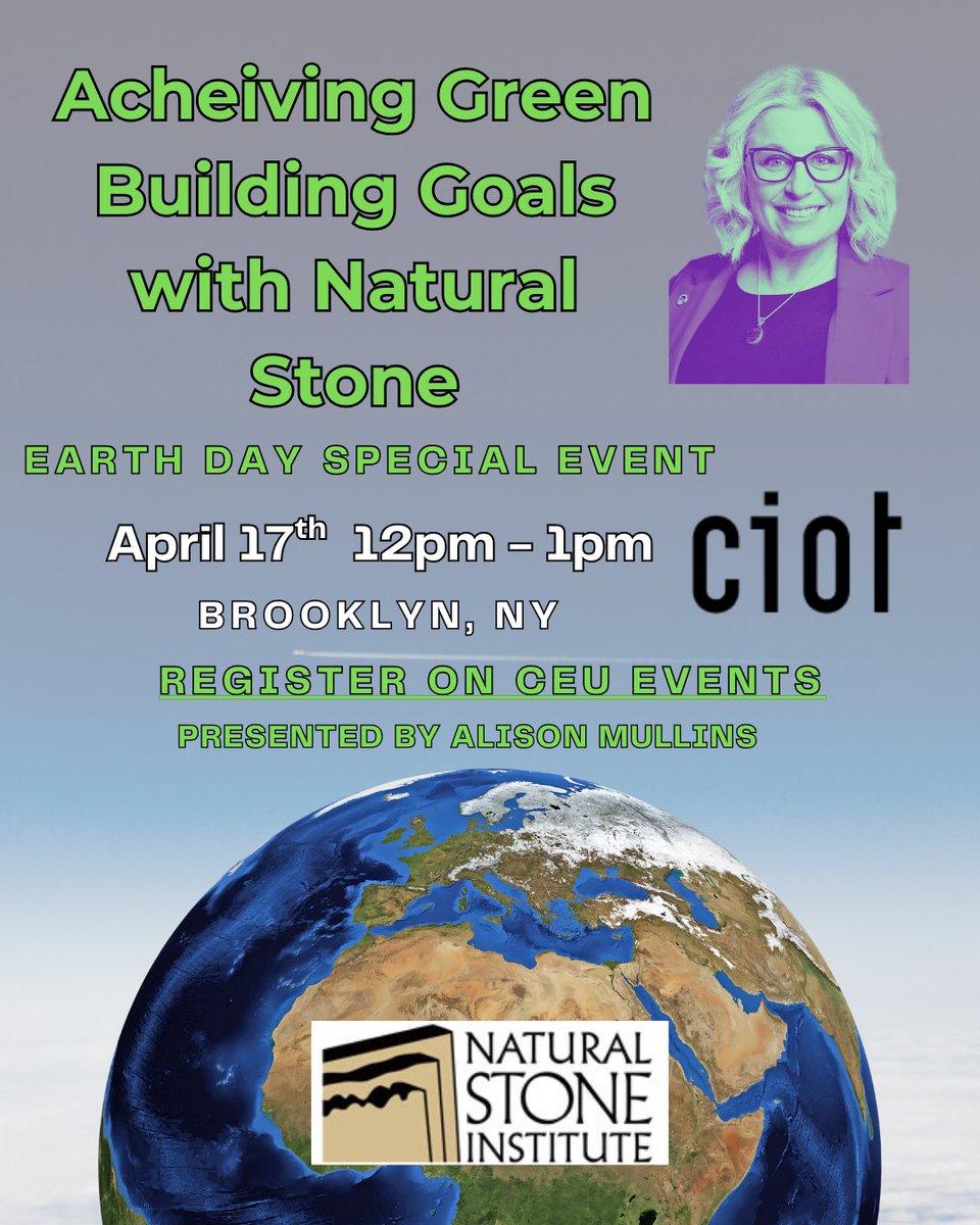 AlisonRep's tweet photo. 🌎 EARTH DAY CEU ALERT! 🌱
Join us in Brooklyn on April 17th from 12–1 PM for a powerful conversation about sustainability in design and construction using NATURAL STONE.

REGISTER AT: https://t.co/kvAER0lGR1
Find us on CEU Events https://t.co/gt07B4AVN8
