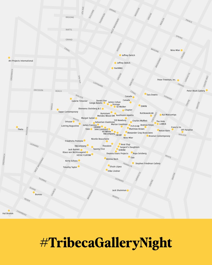 Save the date for the first #TribecaGalleryNight. Over 70 galleries will be joining forces during New York's art fair week to host extended hours for a night of gallery hopping.⁠
⁠
Search #TGN on your <a href="/seesawmap/">See Saw</a> app to map your route and visit all participating galleries