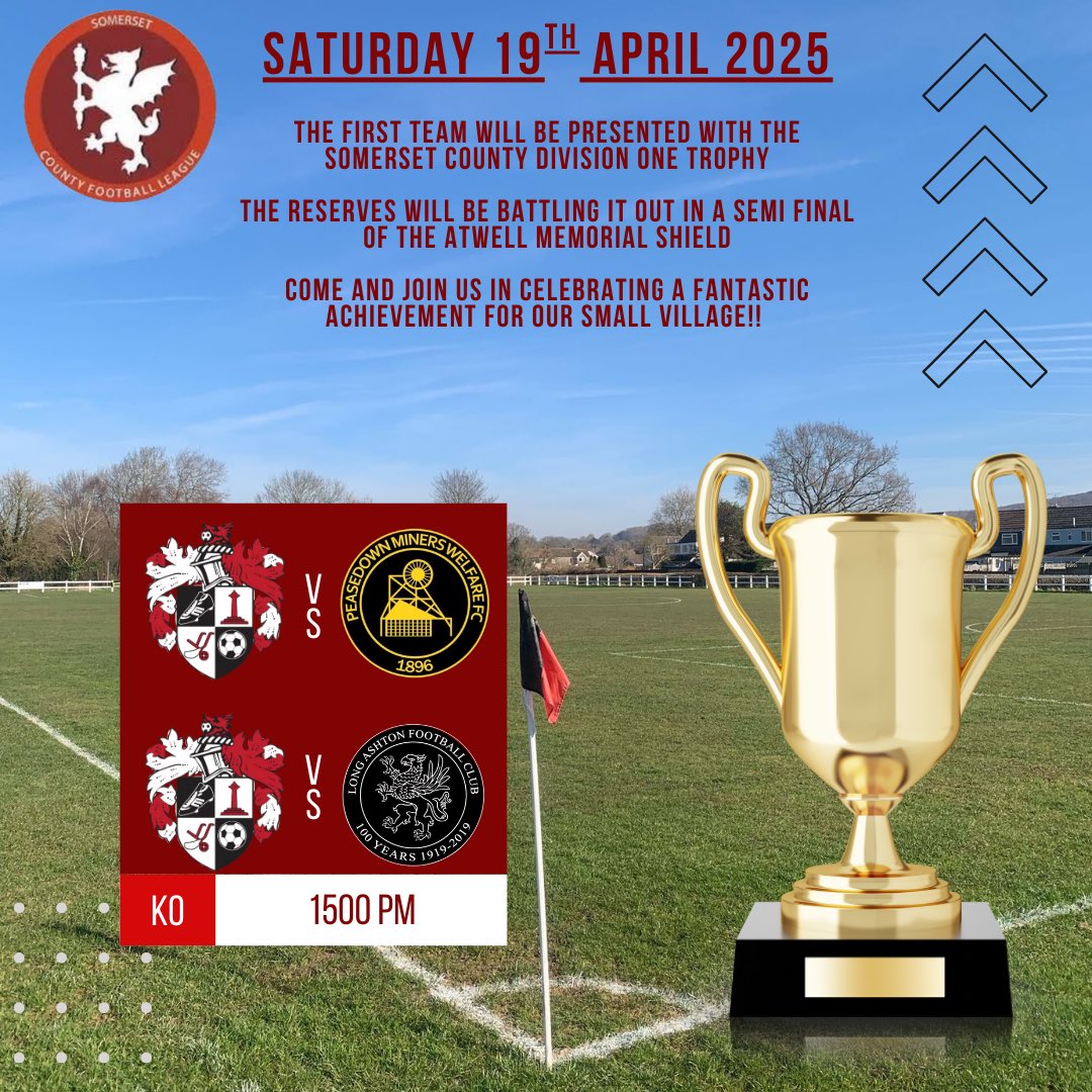 CongresburyFC's tweet photo. This Saturday 19th April 2025 will see Congresbury FC 1st team lift the Somerset County Division One trophy and our Reserve team play in the semi final of the Atwell Memorial Shield! 

A great achievement for our club and we would love to share it with as many of you as possible. https://t.co/H36pIZ7XnD