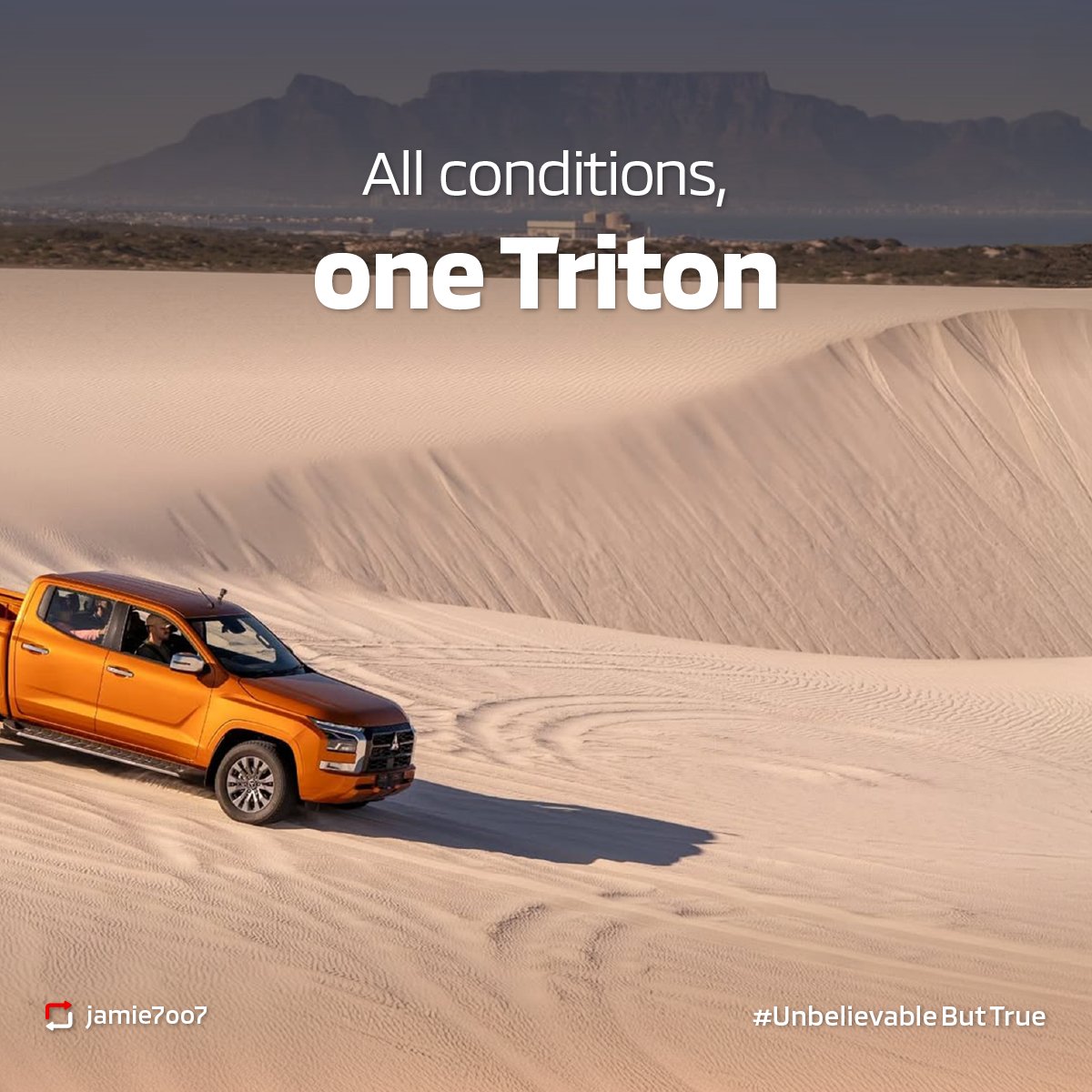 Conquer every terrain. Every time. 

From city streets to shifting sands — there's only one Triton built for it all.

#MitsubishiSA #UnbelievableButTrue #TritonNextGen #ChallengeAccepted