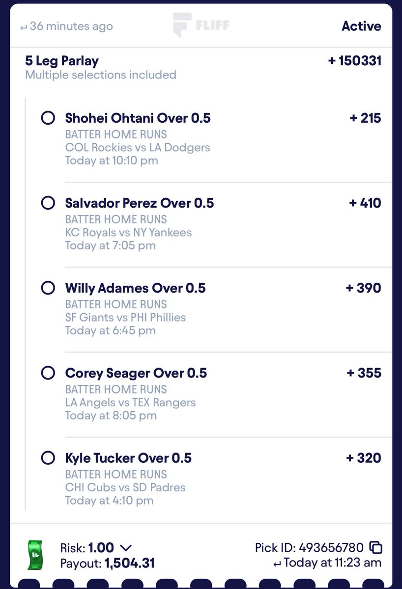 WizPicks__'s tweet photo. Moonshot Mayhem Incoming🚀
Shohei
Salvy
Willy
Seager
Tucker
ALL to go yard
$1 to win $1,504
This is either legendary or therapy.
#DingerSzn #HRParlay #FliffGods #MLBBets #TheProfitWizards
**
💣💥⚾️🔥1️⃣5️⃣0️⃣0️⃣x #BaseballBombs #BetBigOrGoHome https://t.co/EkBCHPji7w