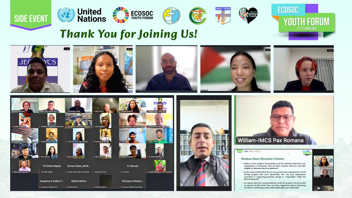 Thank you to everyone who joined our side event at the #ECOSOCYouthForum2025! Your passion for faith-driven, inclusive development inspires us all. 🙌 Shoutout to International Youth Training Centre (IYTC), IYCS-JECI and all our amazing partners! #IMCSPaxRomana