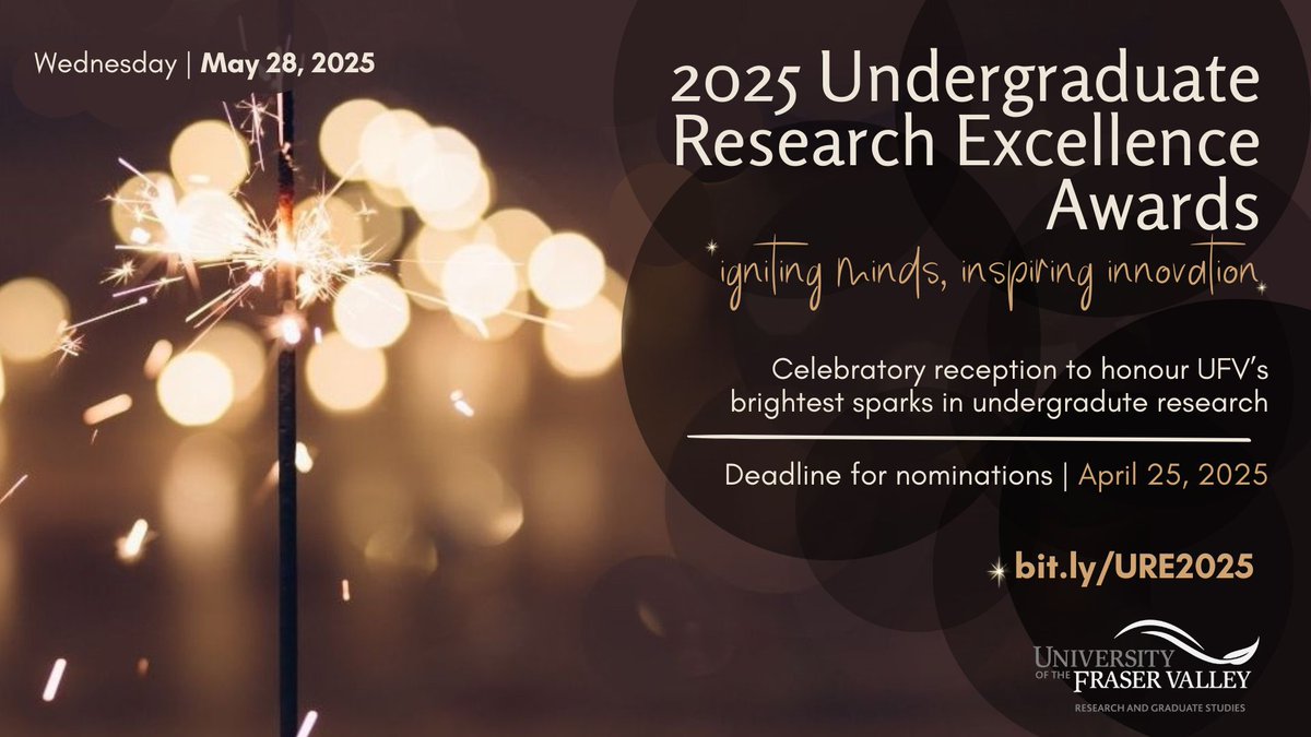 📢Calling faculty members!
✨Nominations are open for this year's Undergraduate Research Excellence Awards! Help us to honour UFV's brightest sparks in undergraduate research.
✨Deadline for nominations: April 25. Full details available at bit.ly/URE2025

<a href="/goUFV/">U of Fraser Valley</a>
