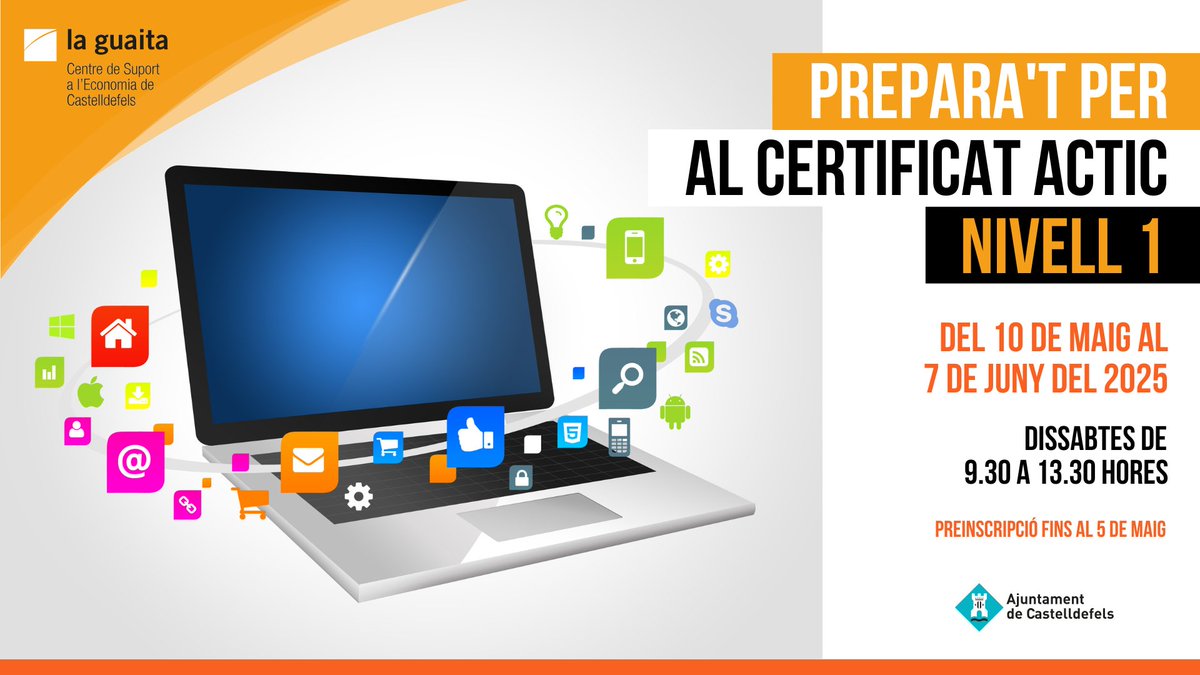 💻 Vols complementar el teu cv acreditant les competències en tecnologies de la informació i la comunicació?

T'ajudem a preparar-te per a obtenir el certificat ACTIC de nivell 1! Una eina que et pot facilitar aconseguir una nova feina.

Inscriu-te aquí ⤵️
castelldefels.org/ca/serveis/pro…
