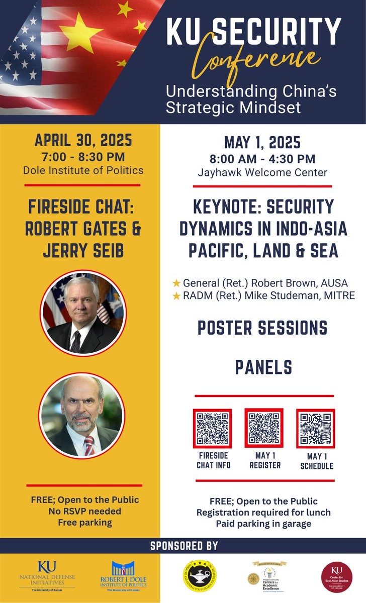 KU Center for East Asian Studies (@kueastasia) on Twitter photo Join <a href="/ArmyUniversity/">The Army University</a>, <a href="/DoleInstitute/">Dole Institute of Politics</a>, and CEAS for the KU Security Conference on April 30-May 1, 2025.
Gain insight into China's long-term geopolitical objectives from recent DOD and military leaders.
iccae.ku.edu/2025-ku-securi…
#ICCAE #KUONDI <a href="/KUPoliticalSci/">KU Political Science</a> Join <a href="/ArmyUniversity/">The Army University</a>, <a href="/DoleInstitute/">Dole Institute of Politics</a>, and CEAS for the KU Security Conference on April 30-May 1, 2025.
Gain insight into China's long-term geopolitical objectives from recent DOD and military leaders.
iccae.ku.edu/2025-ku-securi…
#ICCAE #KUONDI <a href="/KUPoliticalSci/">KU Political Science</a>