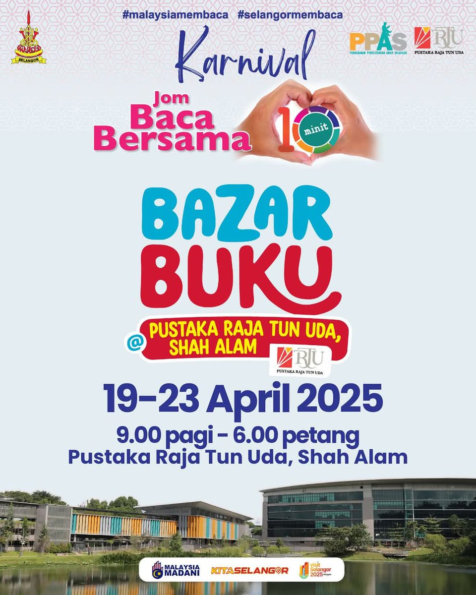 KARNIVAL JOM BACA BERSAMA 10 MINIT 2025

Sempena dengan Program Jom Baca 10 Minit, Perbadanan Perpustakaan Awam Selangor (PPAS) akan mengadakan Karnival Jom Baca Bersama 10 Minit bermula dari 19 - 23 April 2025 bertempat di Pustaka Raja Tun Uda, Shah Alam.