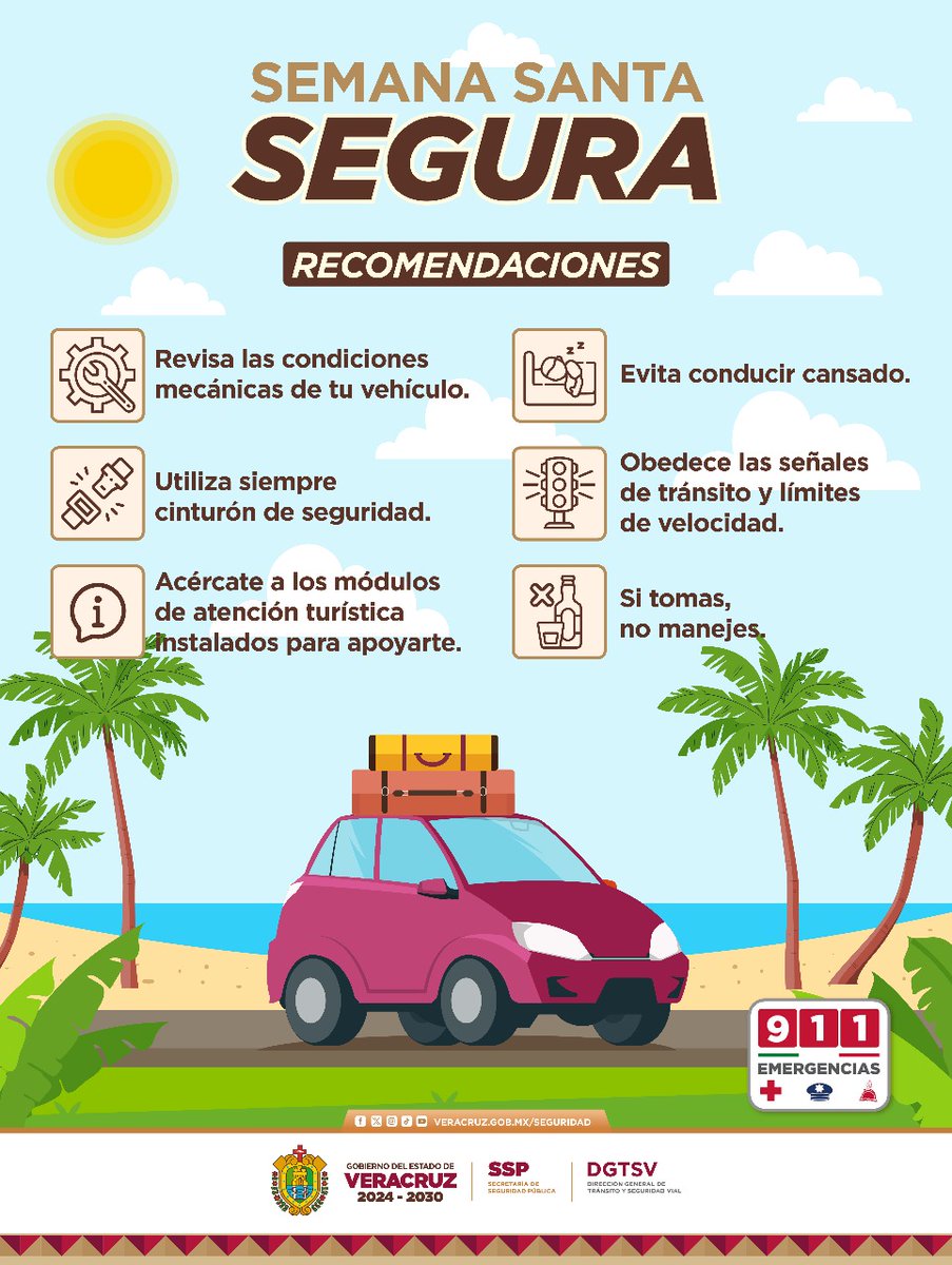 ¡Disfruta de tus vacaciones 🏝️ de #SemanaSanta2025 de una manera más segura!

Te dejamos estas recomendaciones para que evites accidentes y cuides de tu familia en esta temporada. 🚗🏍️🚍🛣️

¡Nuestra Misión es Preservar tu Seguridad!