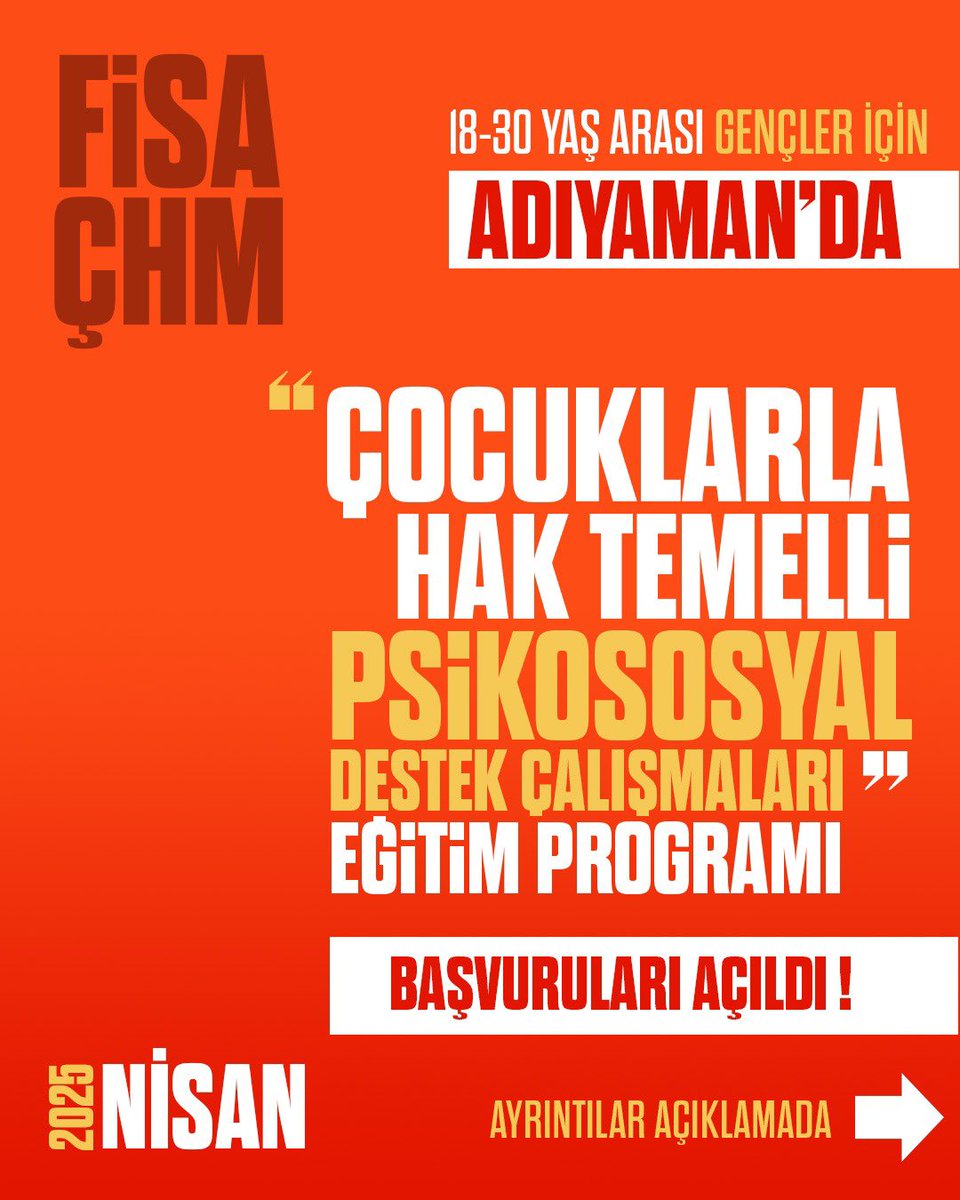 Adıyaman’da “Çocuklarla Hak Temelli Psikososyal Destek Çalışmaları” Eğitim Programı Başvuruları Açıldı!

Ayrıntılı bilgi için: l24.im/Qirg

Başvurularınızı chm@fisa.org.tr adresine gönderebilirsiniz.+