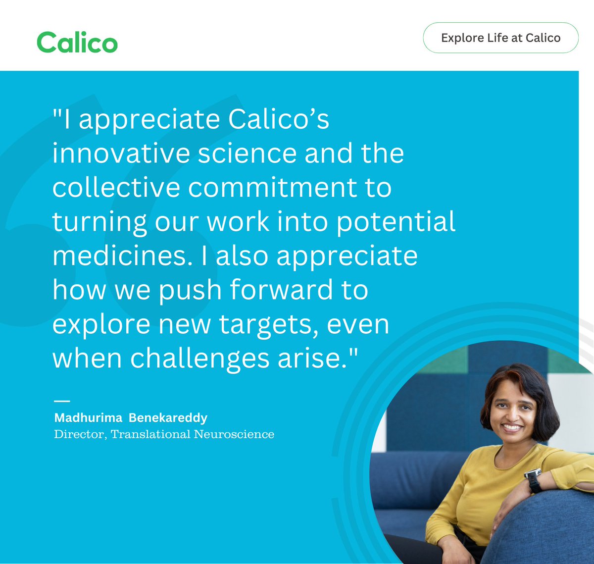 calico's tweet image. Madhurima Benekareddy is Director of Translational Neuroscience at Calico.
Madhu and her team translate new research ideas into potential drug targets, one of many ways we're pushing the boundaries of science to better understand aging & disease.
calicolabs.com/life-at-calico/