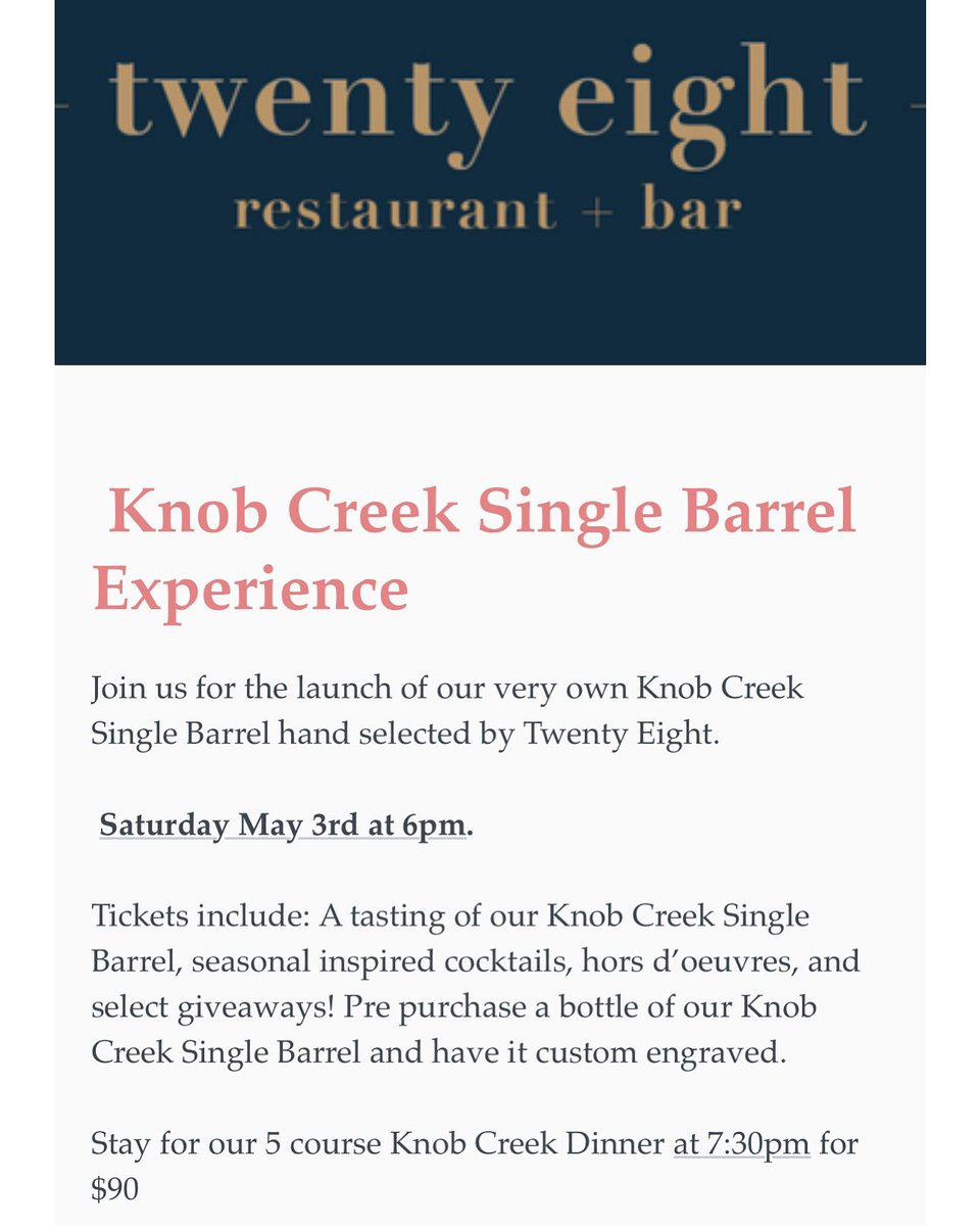 twentyeight_oc's tweet photo. 🥃 SAVE THE DATE &amp; BOOK NOW: @knobcreek Single Barrel Experience, Saturday May 3rd at 6pm.

Tickets include: A tasting of our Knob Creek Single Barrel, seasonal inspired cocktails, hors d’oeuvres, and select giveaways!

Stay for our 5 course Knob Creek Dinner at 7:30pm for $90. https://t.co/wC6RU9HTqC