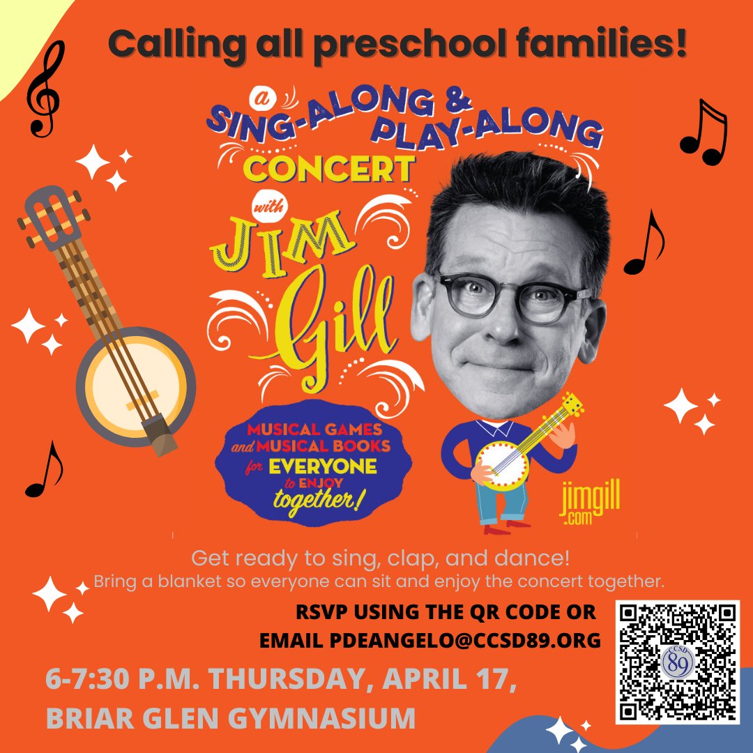 CCSD 89 (@ccsd89) on Twitter photo Reminder! CCSD 89 preschool students and families are invited to a free family sing-along concert with Jim Gill, 6 to 7:30 p.m. tomorrow (April 17), at <a href="/BriarGlenSchool/">Briar Glen</a>. Families can sing, clap, and dance as Gill plays family-friendly songs. More info: bit.ly/3CPCBxC Reminder! CCSD 89 preschool students and families are invited to a free family sing-along concert with Jim Gill, 6 to 7:30 p.m. tomorrow (April 17), at <a href="/BriarGlenSchool/">Briar Glen</a>. Families can sing, clap, and dance as Gill plays family-friendly songs. More info: bit.ly/3CPCBxC