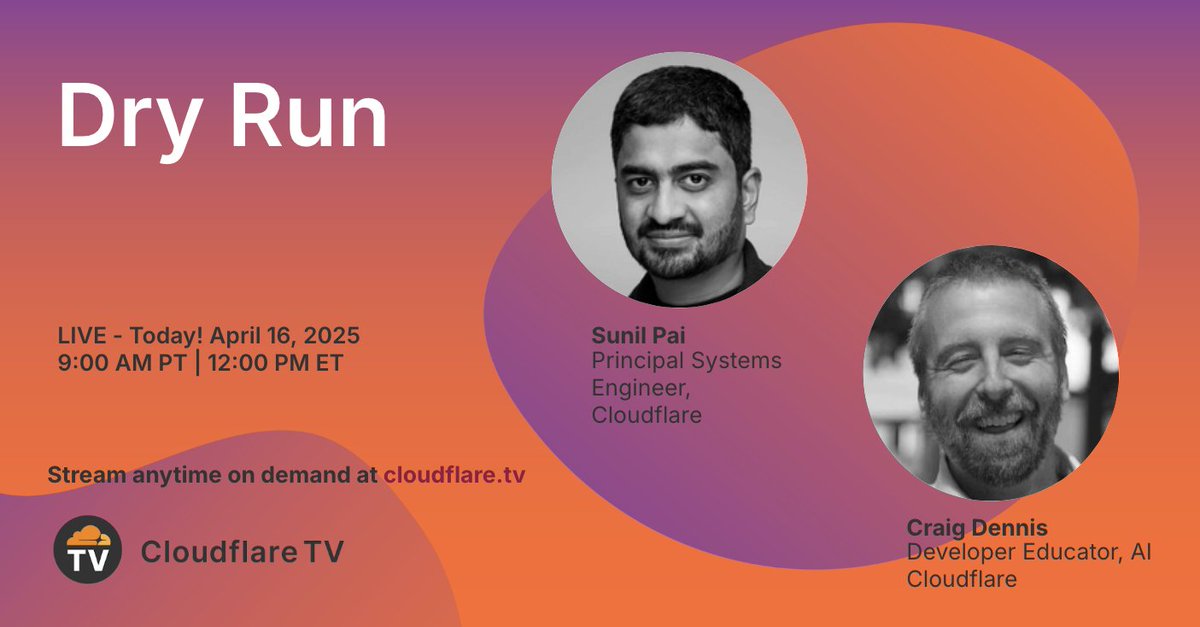 CloudflareTV's tweet image. Live now: the @CloudflareDev duo of @CraigsDennis and Sunil Pai (@ThreePointOne) review all the hits from #DeveloperWeek 2025. Watch here >> cfl.re/3Y1qEwk #CloudflareTV #Developers #Coding #Internet