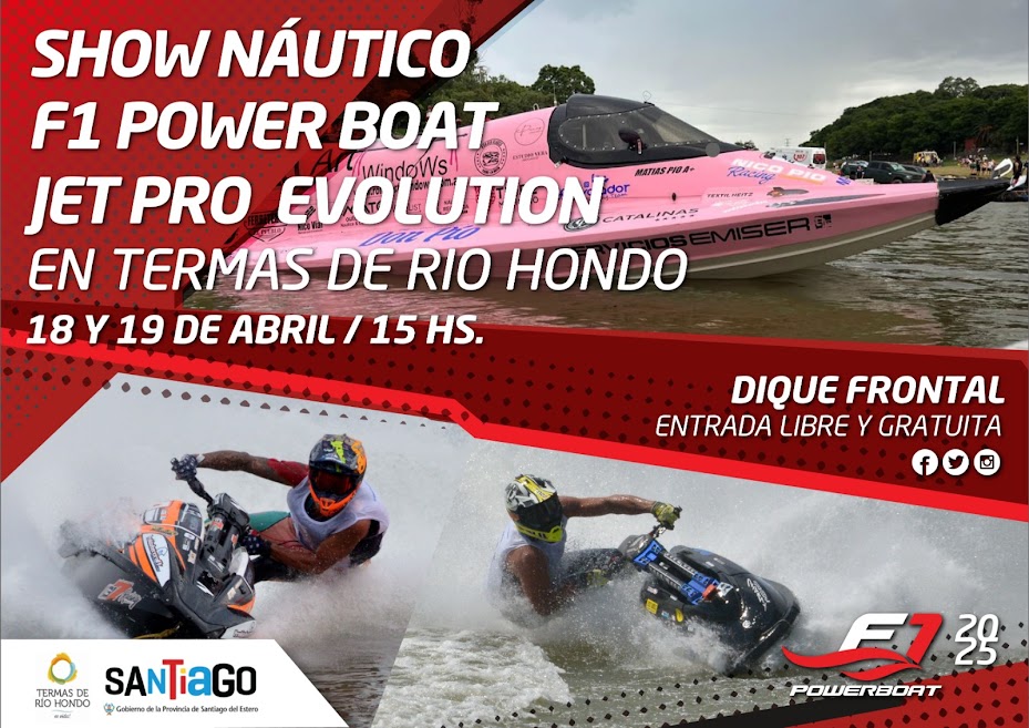 Esta #SemanaSanta estamos nuevamente en #TermasdeRioHondo con una nueva edición del #ShowNaútico con la #F1Powerboat y el #JetProEvolution. 🏁 🏆
⏰ Viernes y sábado desde 15.00 hs. ¡Los esperamos!