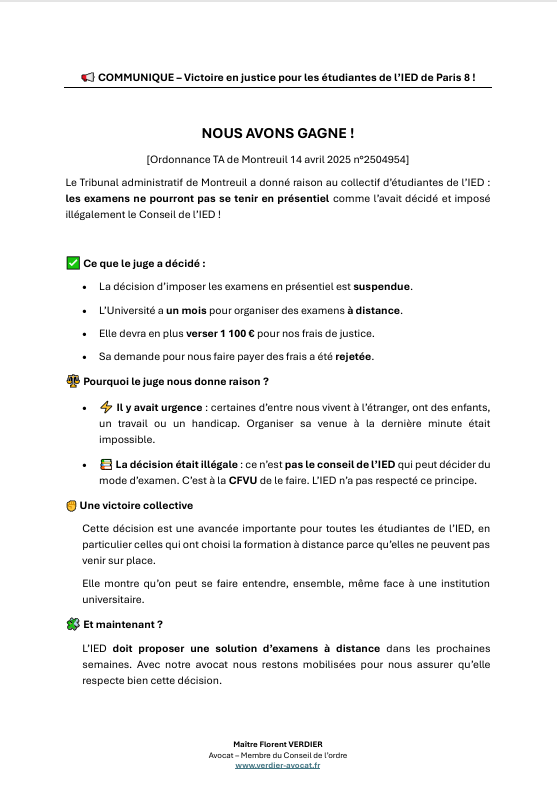 verdieravocat's tweet photo. 🎉 VICTOIRE !
Le TA donne raison aux étudiantes de l’IED de Paris 8 : les examens ne pourront pas être imposés en présentiel
📌 Décision présentiel suspendue
📌 Examens à distance à organiser sous 1 mois
📌 Le Conseil de l'IED n’avait pas le droit de décider seul du mode d’examen https://t.co/VdFnUFx46q