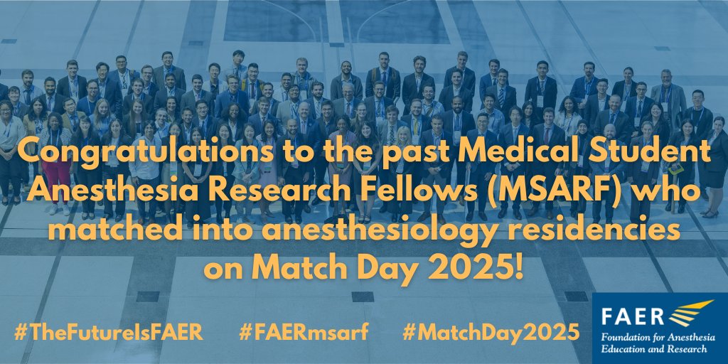 asahq.org/faer/about/new…

On #MatchDay2025, FAER reached out to past #FAERmsarf participants asking where they’d matched &amp; for any words they’d like to share about their experience with the program. Join us in congratulating these future leaders of #anesthesiology!

#Research