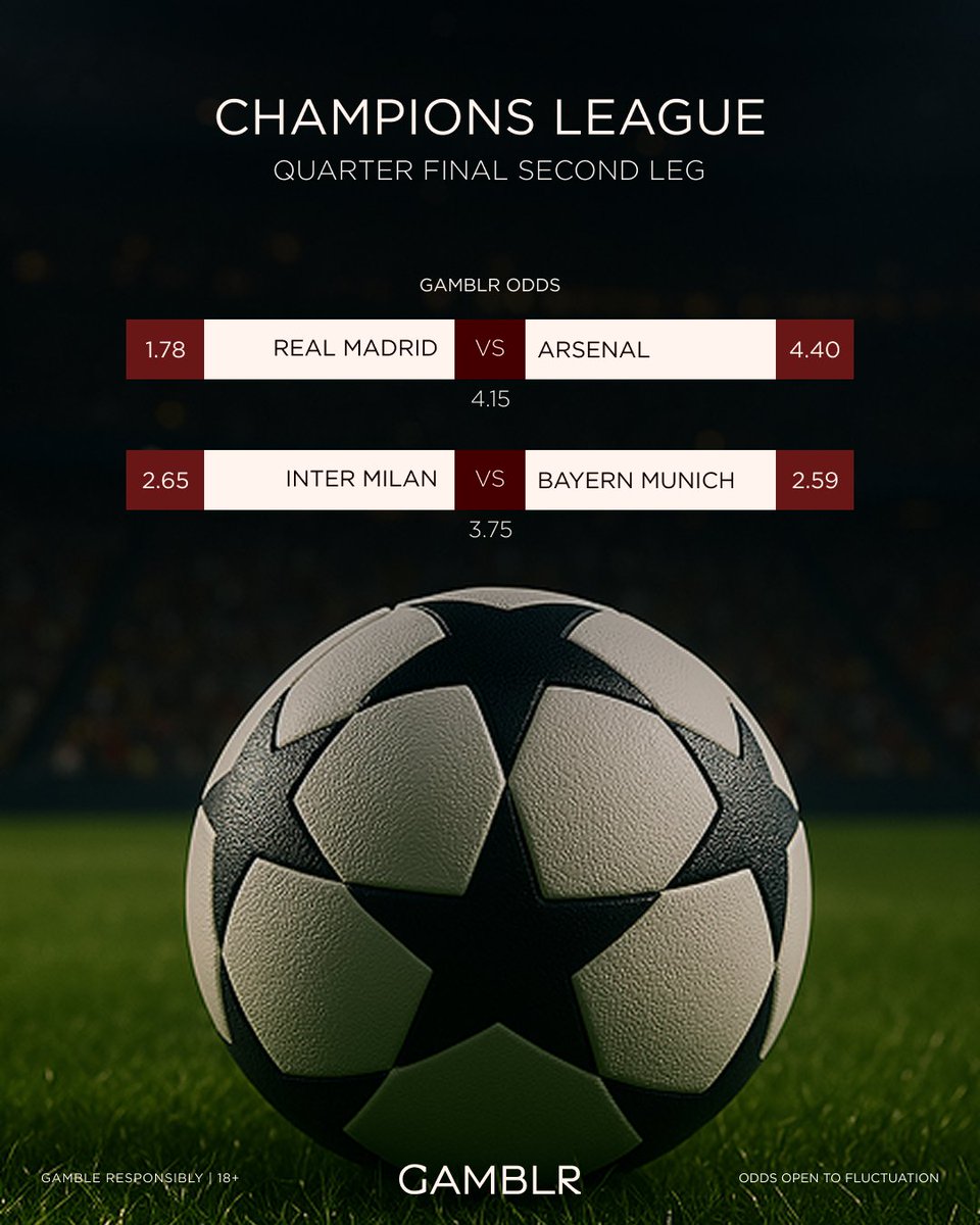 ⚽️ UEFA CHAMPIONS LEAGUE SEMI FINALS ⚽️

Gamblr odds are LIVE 👇
go.gamblr.io/champleague

Arsenal vs Real Madrid
Inter Milan vs Bayern Munich

✅ Boosted 1x2 match odds
✅ Arsenal best match odds 
✅ Early payout if your team leads by 2 goals

#UCL #RMAARS #INTBAY