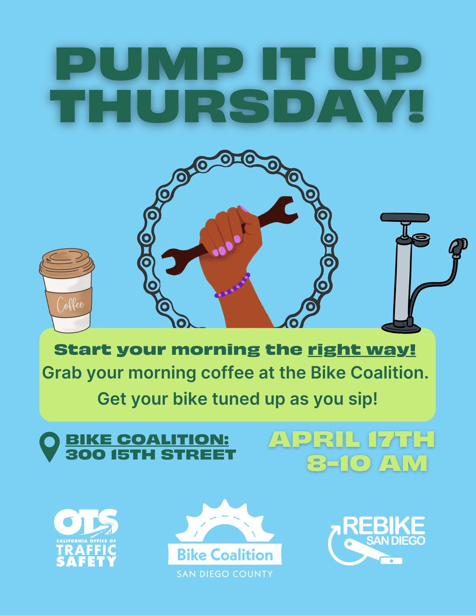 🚴‍♂️🚴‍♀️ The San Diego County Bicycle Coalition is happy to announce we’ll be hosting Pump It Up Thursday tomorrow from 8-10AM! 🎉🚲 Come on by for some light refreshments 🍎☕ and to get your tires filled! 🛠️💨 Special thanks to California OTS and Rebike