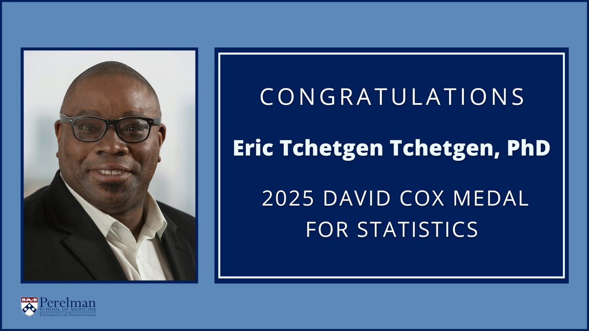 Penn Medicine CSO (@pennmedcso) on Twitter photo Congratulations to Eric Tchetgen Tchetgen (<a href="/UPennDBEI/">Dept. of Biostatistics, Epidemiology & Informatics</a>/ <a href="/Wharton/">The Wharton School</a>/ <a href="/PennCausal/">Center for Causal Inference</a>) on being awarded the inaugural David Cox Medal for Statistics in recognition of his groundbreaking contributions to statistical theory & methodology! tinyurl.com/28fh5fp2 Congratulations to Eric Tchetgen Tchetgen (<a href="/UPennDBEI/">Dept. of Biostatistics, Epidemiology & Informatics</a>/ <a href="/Wharton/">The Wharton School</a>/ <a href="/PennCausal/">Center for Causal Inference</a>) on being awarded the inaugural David Cox Medal for Statistics in recognition of his groundbreaking contributions to statistical theory & methodology! tinyurl.com/28fh5fp2
