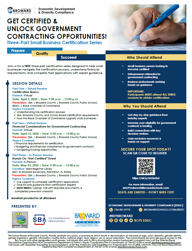 bcpsedoc's tweet photo. Don't Miss Our Certification series with @SBA_SouthFL  @BCOESBD and @BCFLBlkChamber https://t.co/q2DhLDhr1U