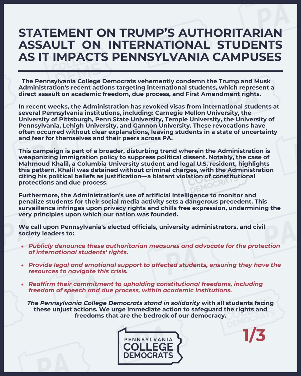 pacollegedems's tweet photo. International students are under attack by the Trump and Musk Administration.
We won’t stay silent.
Join us April 17 & 19 as we rise up for academic freedom, civil liberties, and the right to speak freely.
#DefendHigherEd #HandsOffOurDemocracy #PACollegeDems https://t.co/dwJKpmk9H9