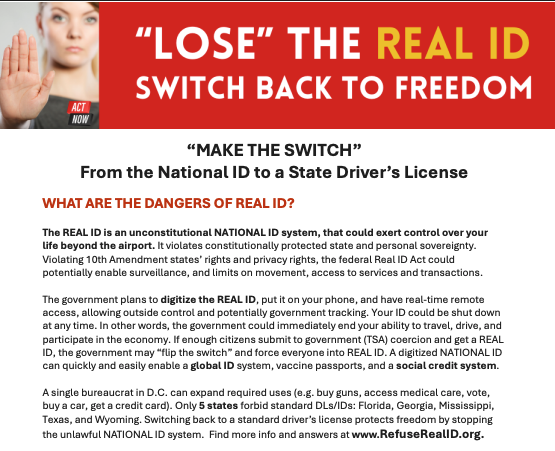 MAKE THE SWITCH
From the National ID to a State Driver's License.

Learn why here: ow.ly/p8ek50VBRAB

#REALID #NationalID