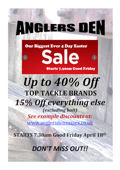 The Anglers Den  📷4 DAY 2025 EASTER SALE📷 is back, and is probably BIGGER THAN IT'S EVER BEEN BEFORE 📷
Starts 7.30am Good Friday! Big Discounts on Top Branded Tackle. Stock up this Spring!
Pevensey Bay, BN246AY.
Example Discounts on Our Website at anglersdensussex.co.uk/article.php/49…