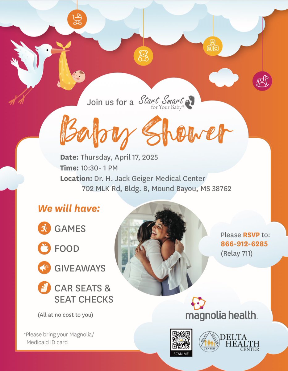 🎉 You're invited to a Start Smart for Your Baby® Baby Shower! 🍼💛

Join us for a fun and FREE event filled with: Games
🍽️ Food
🎁 Giveaways
🚗 Car seats &amp; seat checks
📅 Date: Thursday, April 17, 2025
🕥 Time: 10:30 AM – 1:00 PM
📍 Location: 702 MLK Rd, Mound Bayou, MS 38762