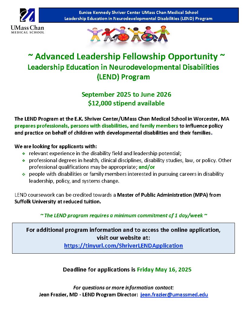 Mass. Developmental Disabilities Council (@ma_ddc) on Twitter photo The Shriver Center at <a href="/UMassChan/">UMass Chan Medical School</a> is accepting applications for their Leadership Education in Neurodevelopmental Disabilities (LEND) program.
Learn more and apply: tinyurl.com/ShriverLENDApp…
#Massachusetts #DisabilityAdvocacy #Advocacy The Shriver Center at <a href="/UMassChan/">UMass Chan Medical School</a> is accepting applications for their Leadership Education in Neurodevelopmental Disabilities (LEND) program.
Learn more and apply: tinyurl.com/ShriverLENDApp…
#Massachusetts #DisabilityAdvocacy #Advocacy